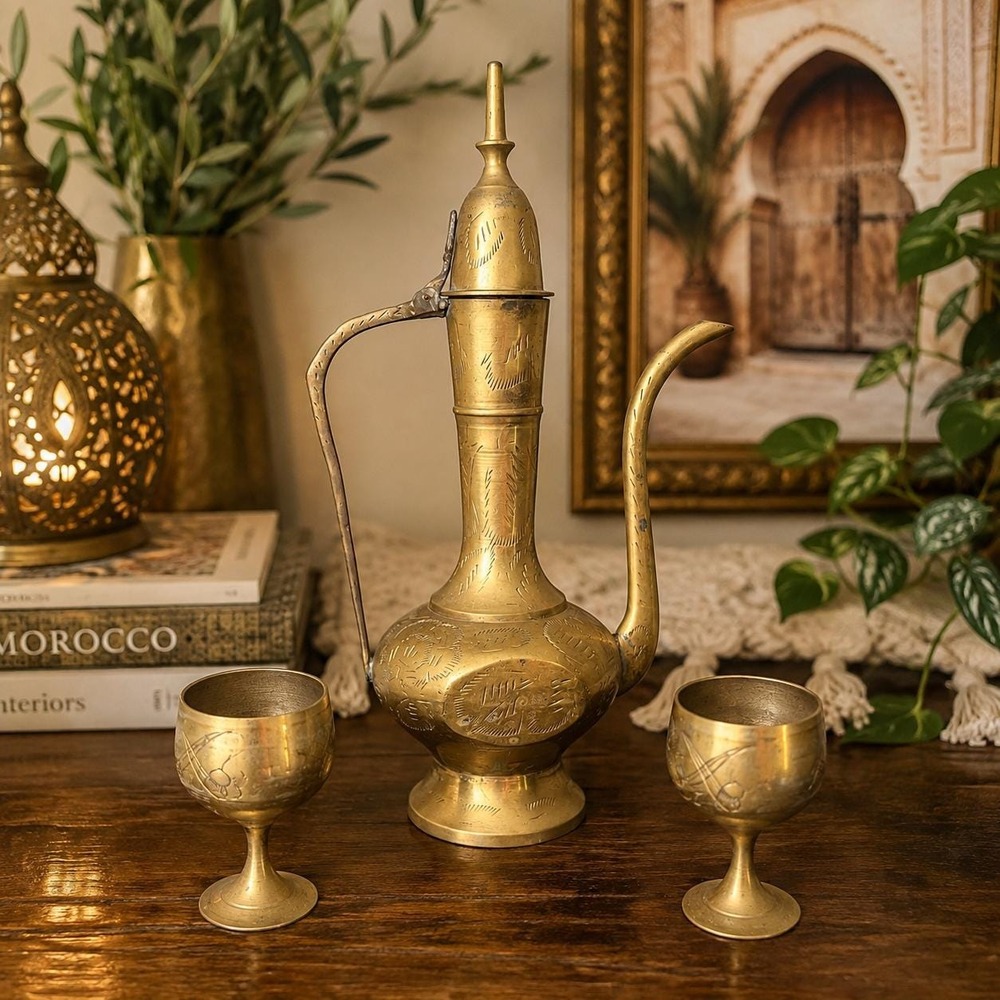 VTG Brass Ewer & 2 Goblets Set, Etched India Decanter Moroccan Style Pitcher Bar